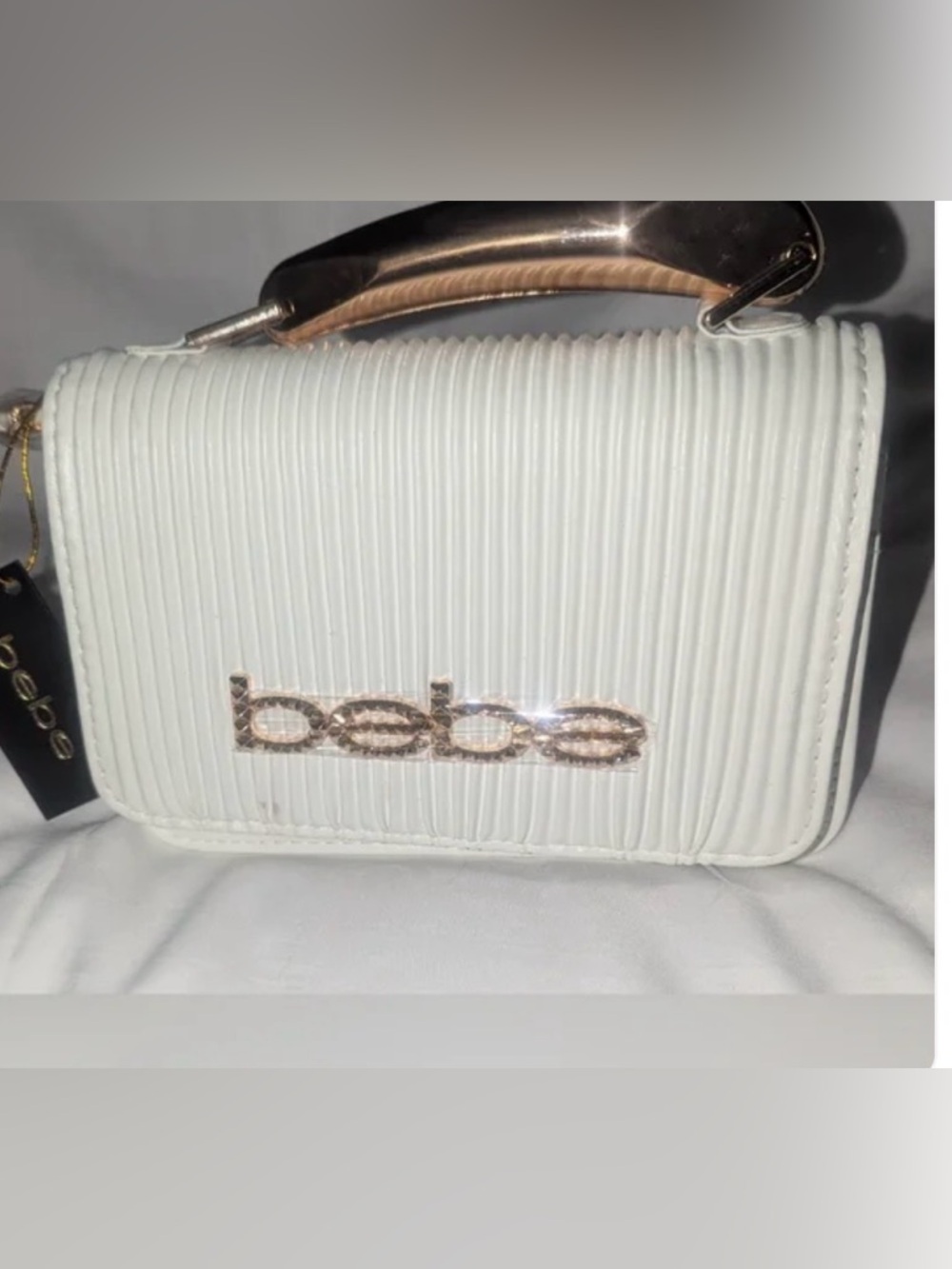 BEBE White Ribbed Mini Top-Handle Bag with Gold Accents - Picture 2 of 3